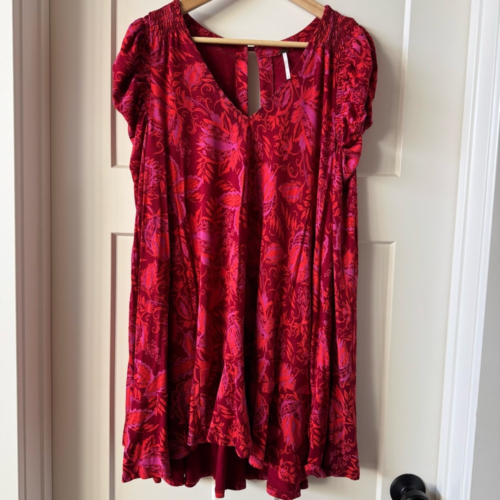 Free People Red, Orange, & Purple Stretch Jersey Ruffle Dress size Small